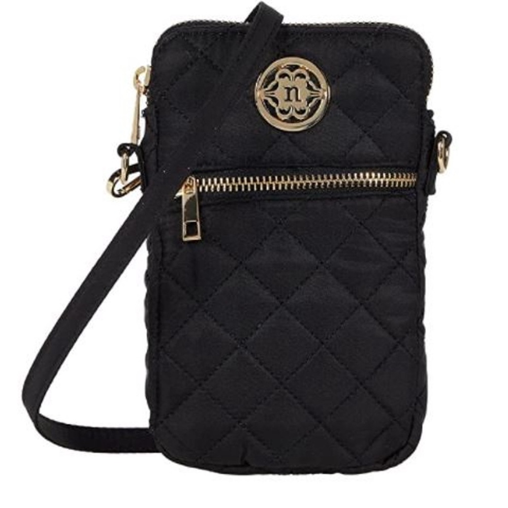 Nanette Lepore Quilted Black Multi-Pocket Crossbody Purse Gold Accents